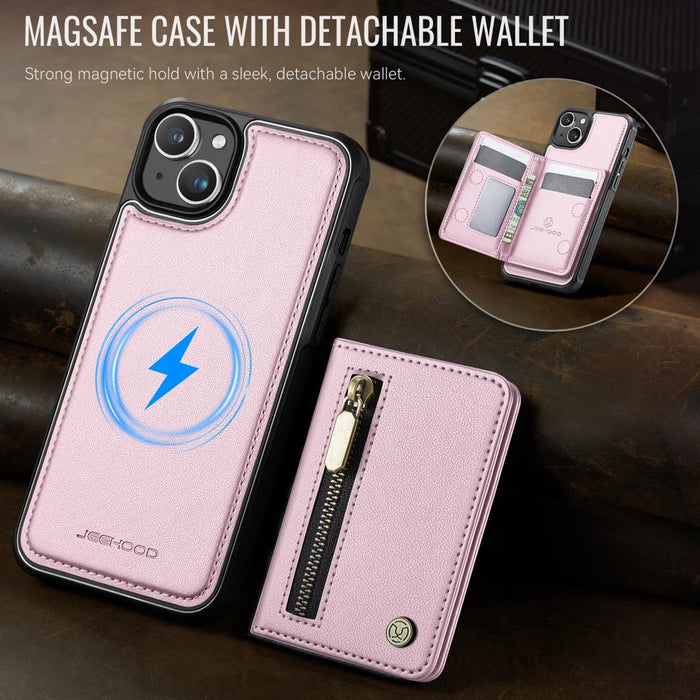 JEEHOOD For iPhone 15 Plus / iPhone 14 Plus Case  J12 Magnetic  Detachable Zipper Wallet Kickstand Leather Back Cover Compatible with MagSafe - Pink - 4