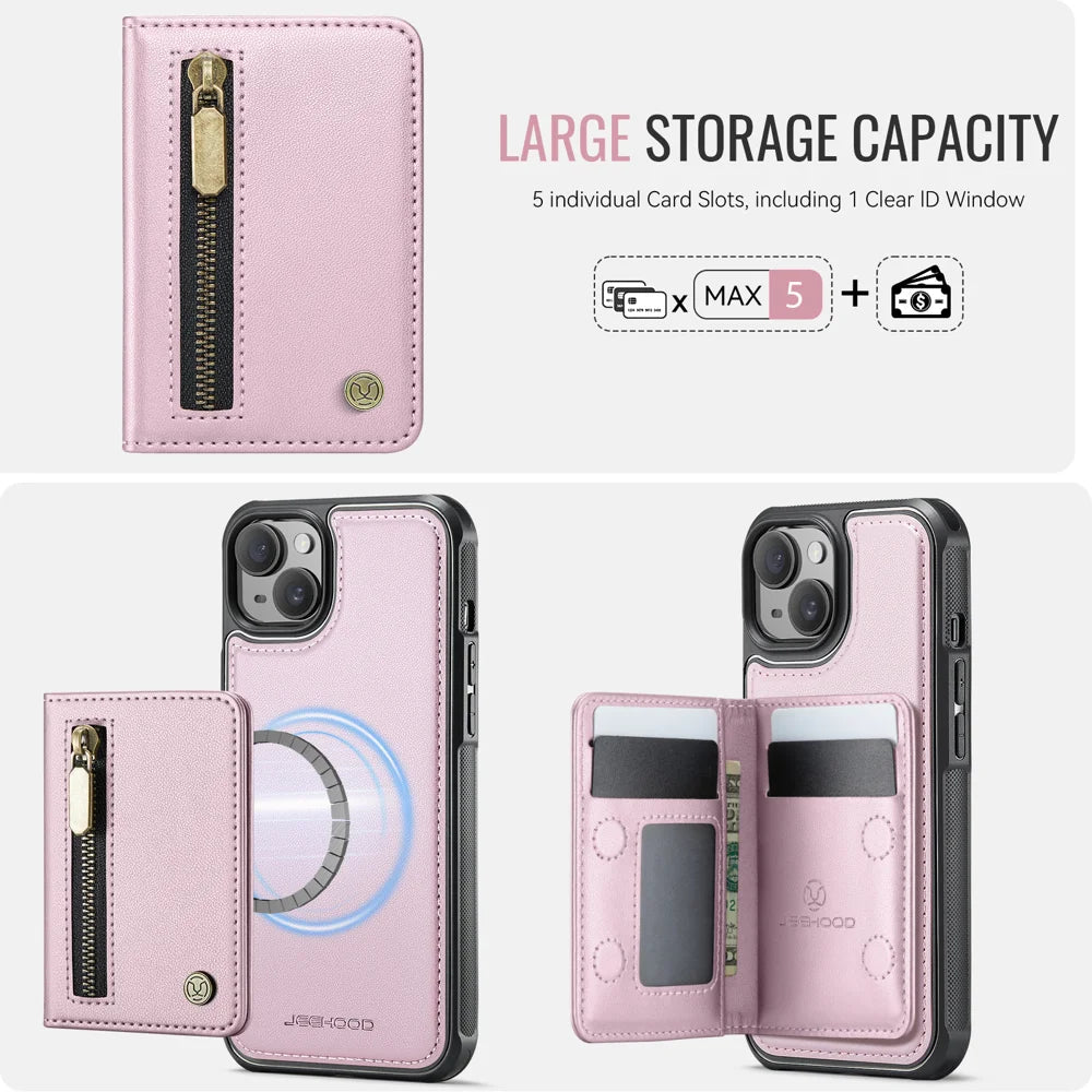 JEEHOOD For iPhone 15 Plus / iPhone 14 Plus Case  J12 Magnetic  Detachable Zipper Wallet Kickstand Leather Back Cover Compatible with MagSafe - Pink - 5