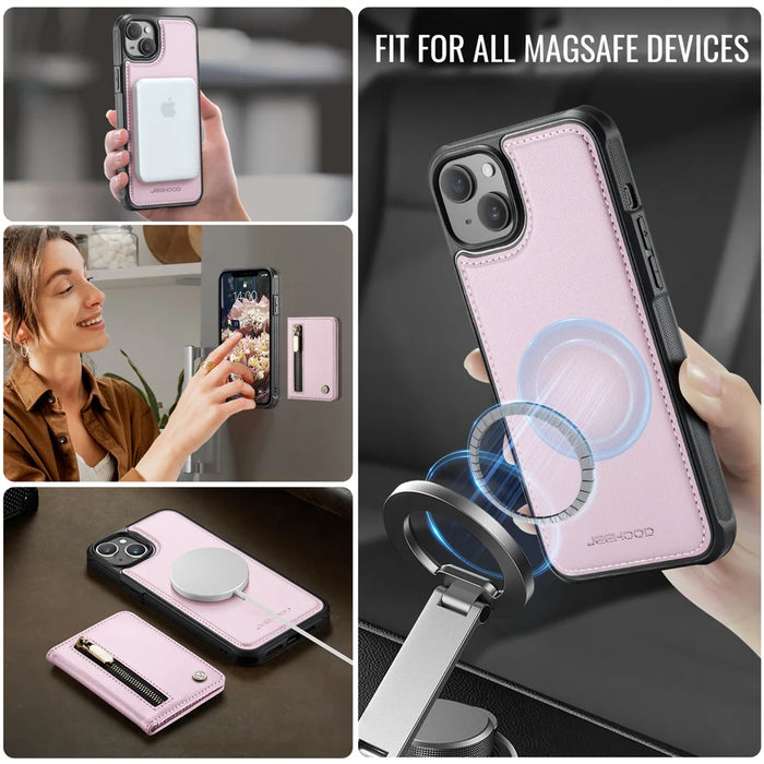 JEEHOOD For iPhone 15 Plus / iPhone 14 Plus Case  J12 Magnetic  Detachable Zipper Wallet Kickstand Leather Back Cover Compatible with MagSafe - Pink - 6