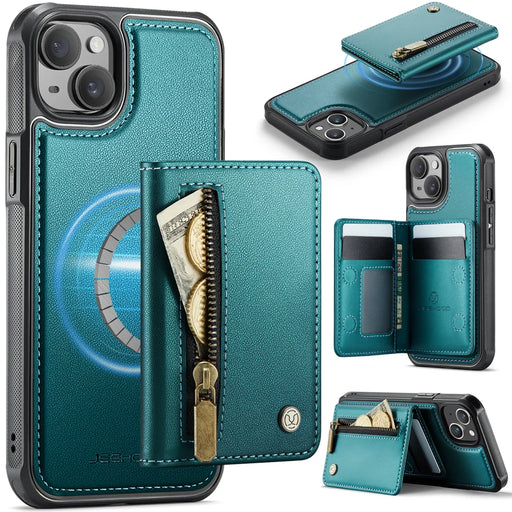 JEEHOOD For iPhone 14 Case  J12 Magnetic  Detachable Zipper Wallet Kickstand Leather Back Cover Compatible with MagSafe - Blue - 1
