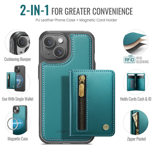 JEEHOOD For iPhone 14 Case  J12 Magnetic  Detachable Zipper Wallet Kickstand Leather Back Cover Compatible with MagSafe - Blue - 2