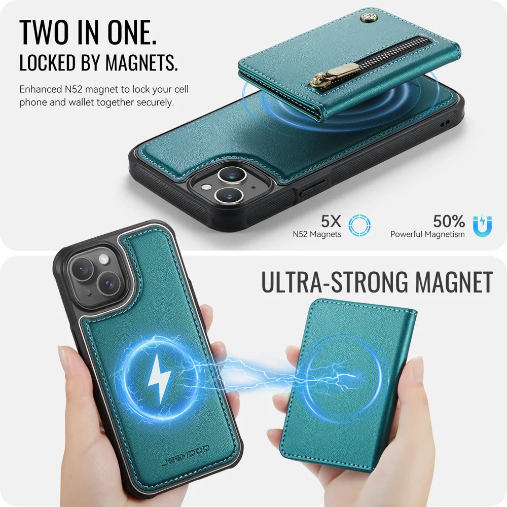 JEEHOOD For iPhone 14 Case  J12 Magnetic  Detachable Zipper Wallet Kickstand Leather Back Cover Compatible with MagSafe - Blue - 3
