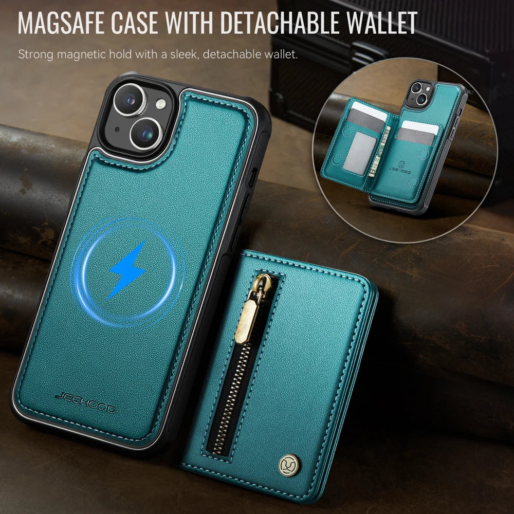 JEEHOOD For iPhone 14 Case  J12 Magnetic  Detachable Zipper Wallet Kickstand Leather Back Cover Compatible with MagSafe - Blue - 4