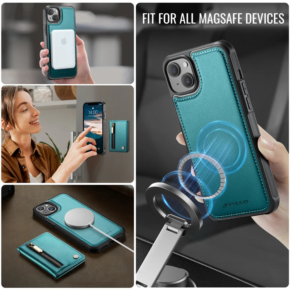 JEEHOOD For iPhone 14 Case  J12 Magnetic  Detachable Zipper Wallet Kickstand Leather Back Cover Compatible with MagSafe - Blue - 6