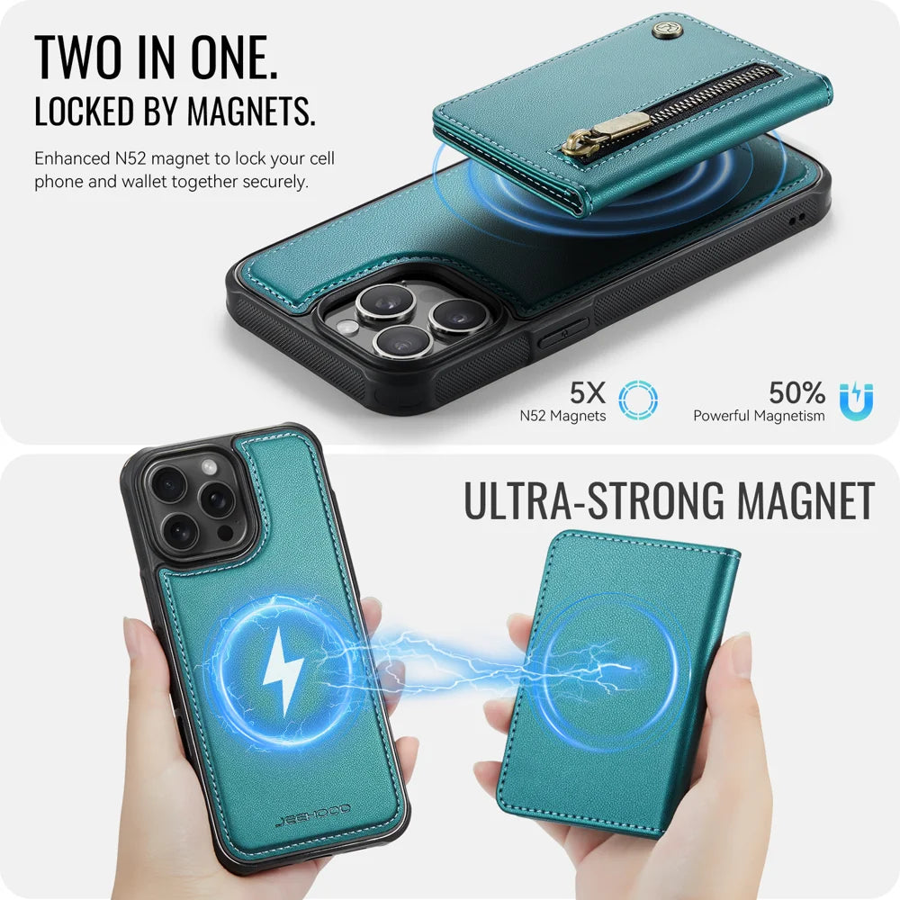 JEEHOOD For iPhone 14 Pro Case  J12 Magnetic  Detachable Zipper Wallet Kickstand Leather Back Cover Compatible with MagSafe - Blue - 3