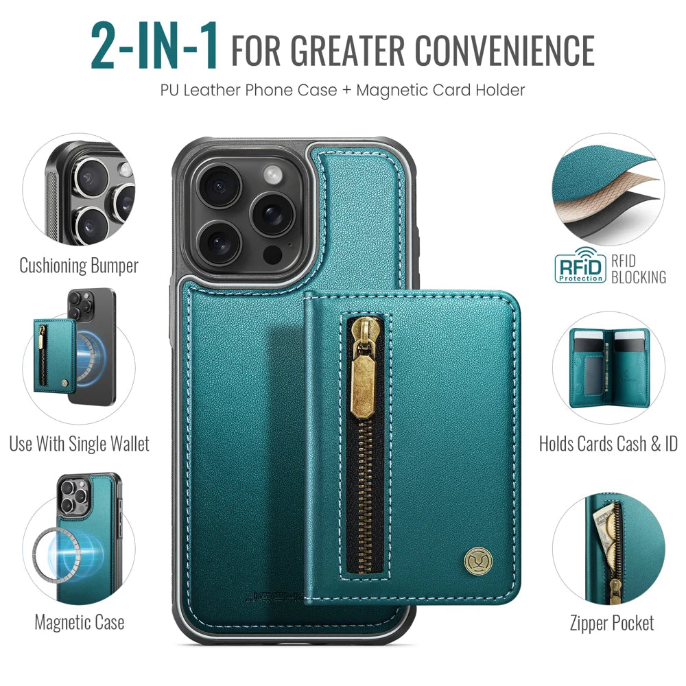 JEEHOOD For iPhone 14 Pro Max Case  J12 Magnetic  Detachable Zipper Wallet Kickstand Leather Back Cover Compatible with MagSafe - Blue - 2