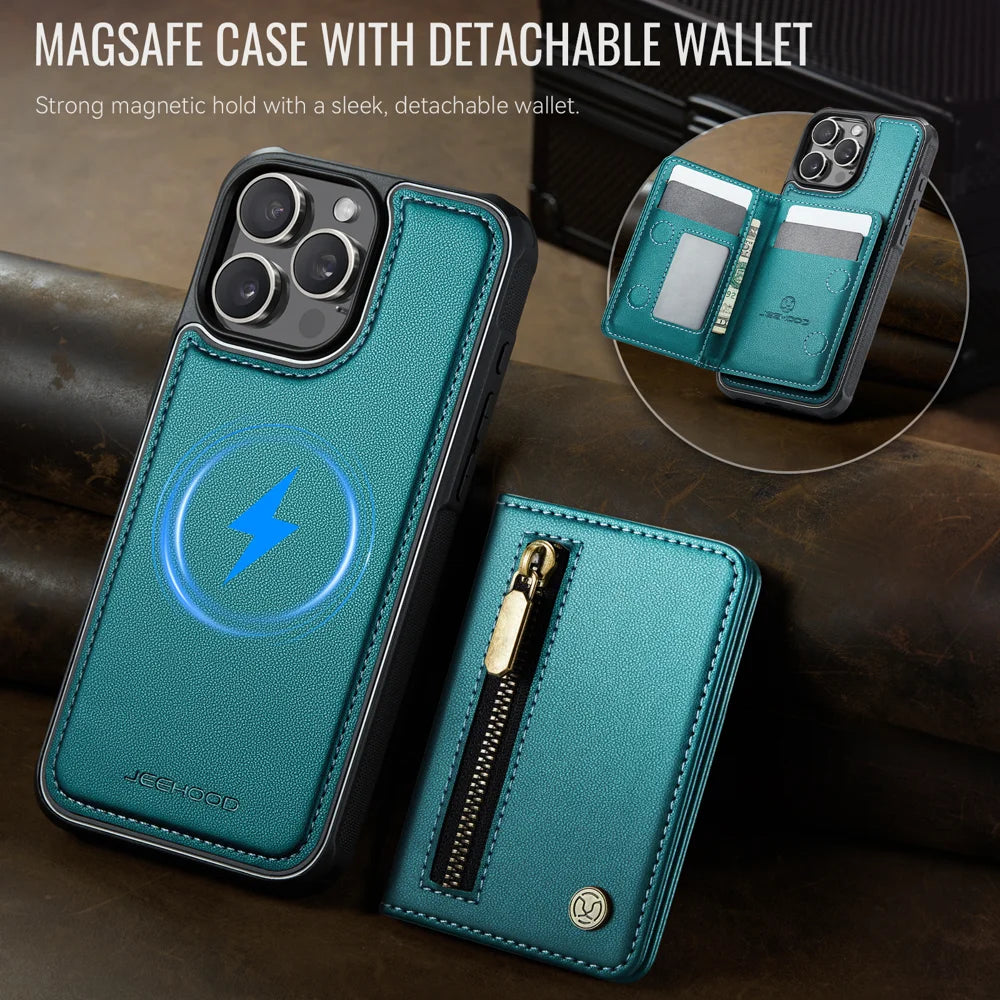 JEEHOOD For iPhone 14 Pro Max Case  J12 Magnetic  Detachable Zipper Wallet Kickstand Leather Back Cover Compatible with MagSafe - Blue - 4