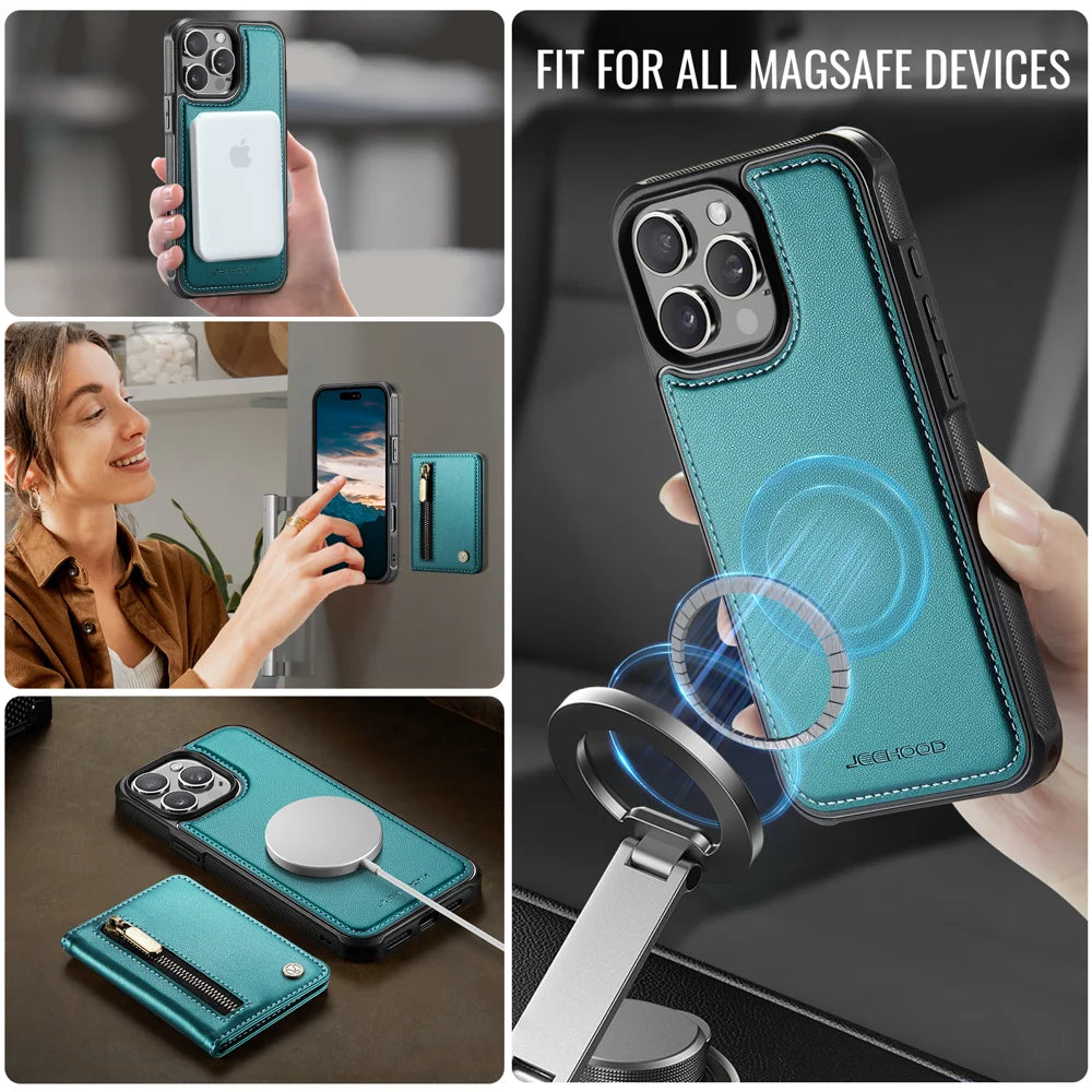 JEEHOOD For iPhone 14 Pro Max Case  J12 Magnetic  Detachable Zipper Wallet Kickstand Leather Back Cover Compatible with MagSafe - Blue - 6
