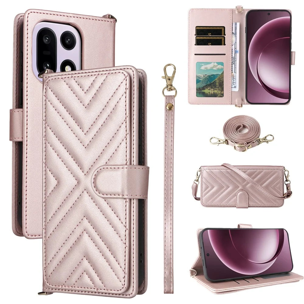 For OnePlus 15 5G Leather Case Stand Wallet Phone Cover with Shoulder / Wrist Strap - Pink - 1