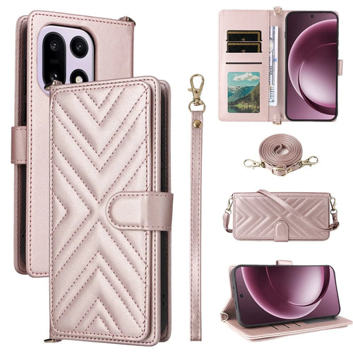 For OnePlus 15 5G Leather Case Stand Wallet Phone Cover with Shoulder / Wrist Strap - Pink - 1