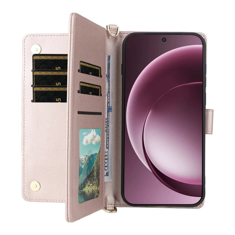 For OnePlus 15 5G Leather Case Stand Wallet Phone Cover with Shoulder / Wrist Strap - Pink - 2