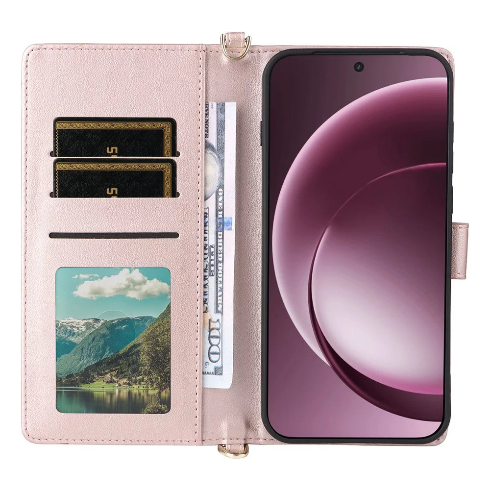 For OnePlus 15 5G Leather Case Stand Wallet Phone Cover with Shoulder / Wrist Strap - Pink - 3