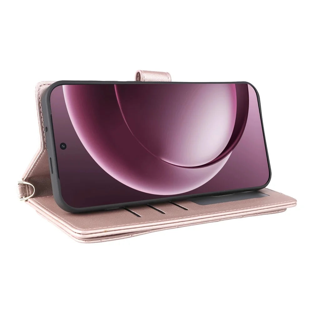 For OnePlus 15 5G Leather Case Stand Wallet Phone Cover with Shoulder / Wrist Strap - Pink - 4