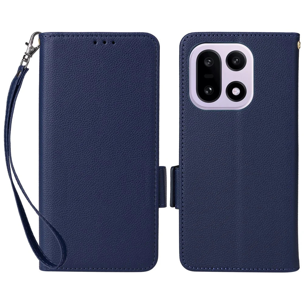 For OnePlus 15 5G Case Litchi Texture Wallet Leather Phone Cover with Wrist Strap - Dark Blue - 1