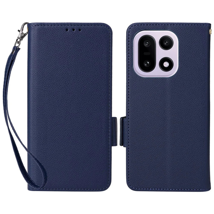 For OnePlus 15 5G Case Litchi Texture Wallet Leather Phone Cover with Wrist Strap - Dark Blue - 1