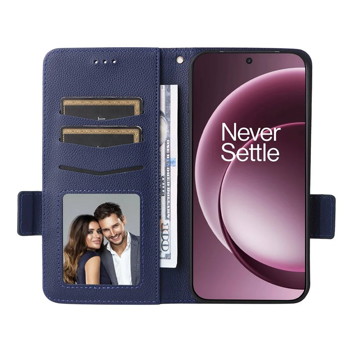 For OnePlus 15 5G Case Litchi Texture Wallet Leather Phone Cover with Wrist Strap - Dark Blue - 2