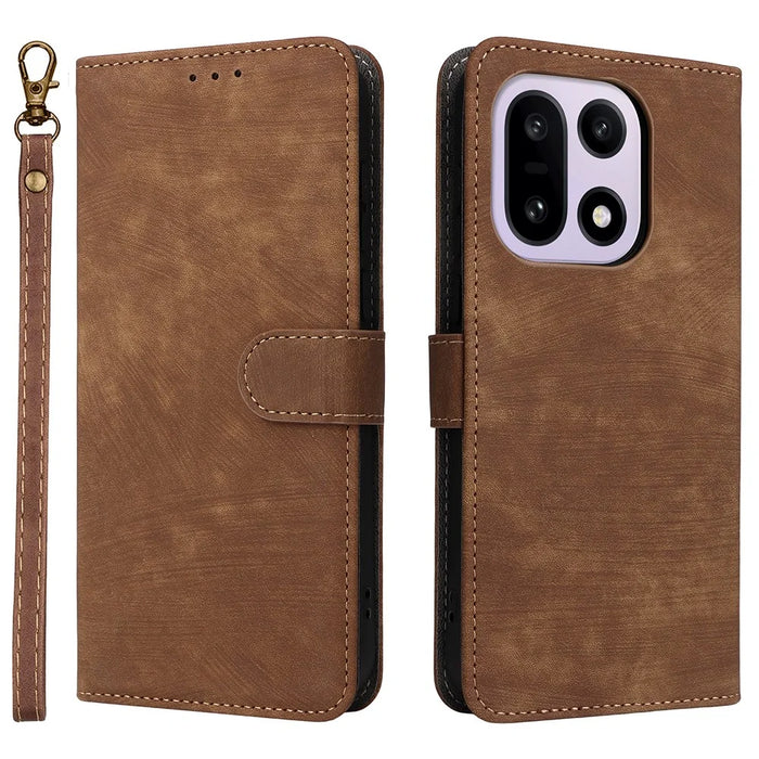 For OnePlus 15 5G Case Wallet RFID Blocking PU Leather Phone Cover Stand with Strap - Brown - 1