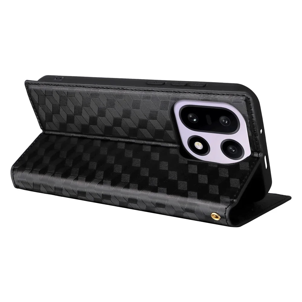 For OnePlus 15 5G Case Wallet Rhombus Imprinted PU Leather Phone Cover - Black - 4