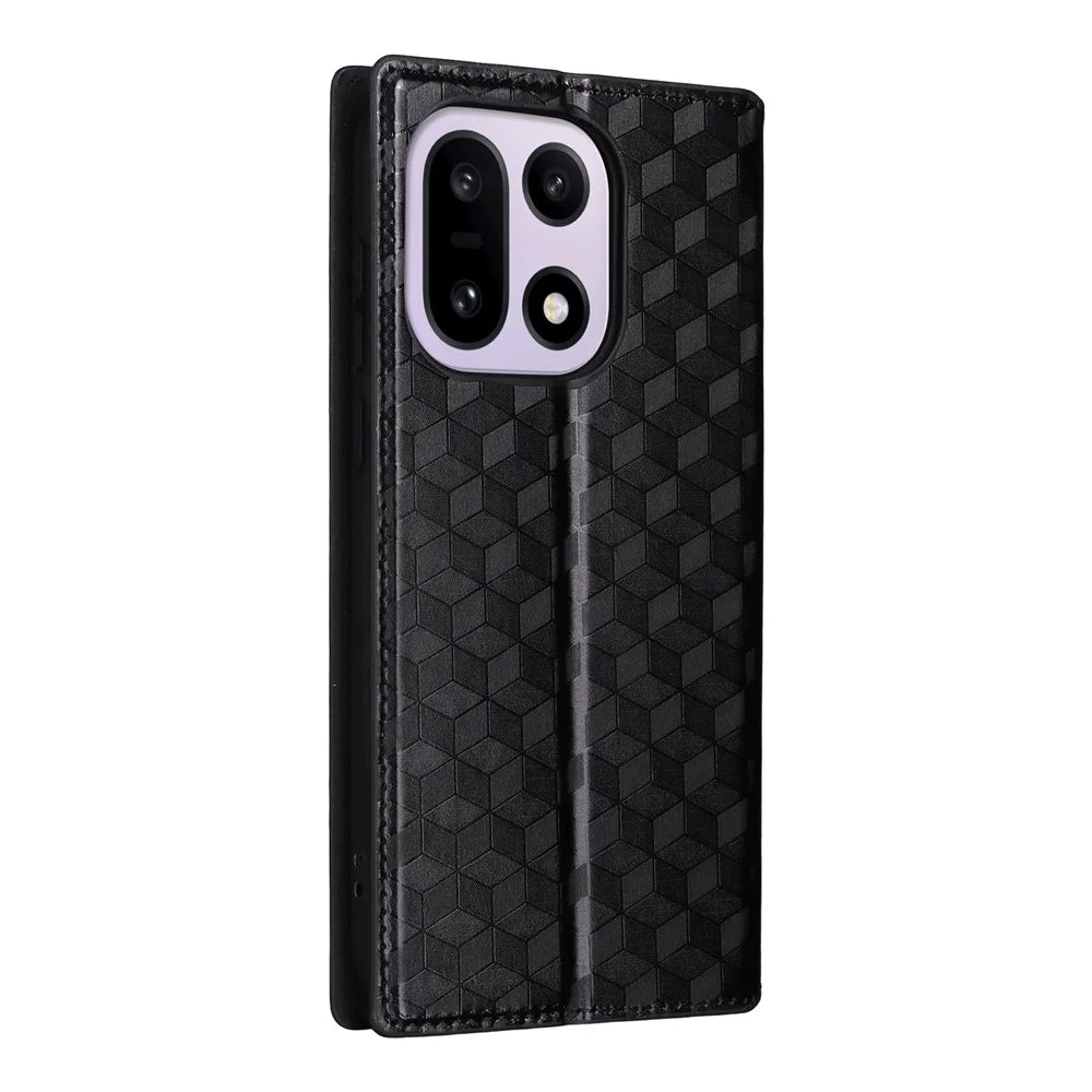 For OnePlus 15 5G Case Wallet Rhombus Imprinted PU Leather Phone Cover - Black - 6