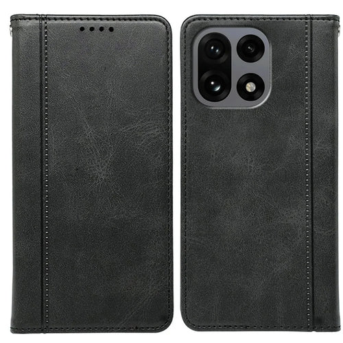 For OnePlus 15 5G Case Hidden Magnetic Closure Calf Texture Leather Phone Cover - Black - 1
