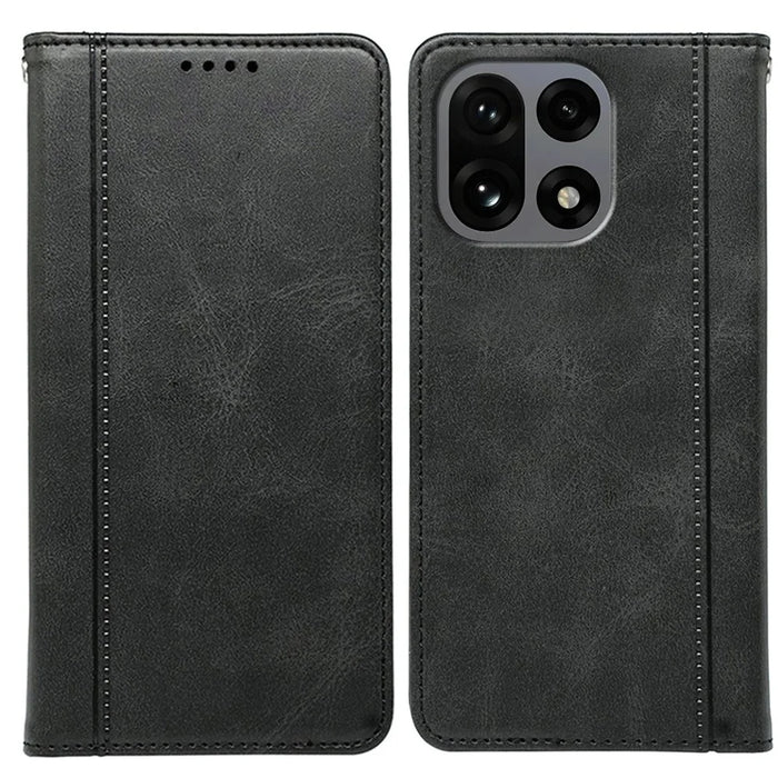 For OnePlus 15 5G Case Hidden Magnetic Closure Calf Texture Leather Phone Cover - Black - 1