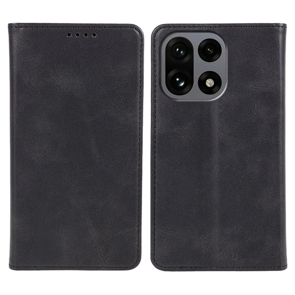 For OnePlus 15 5G Case Strong Magnetic PU Leather Phone Cover Calf Texture - Black - 1