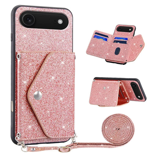 For iPhone Air Case Card Holder Kickstand PU Leather + TPU Glitter Phone Cover with Shoulder Strap - Pink - 1