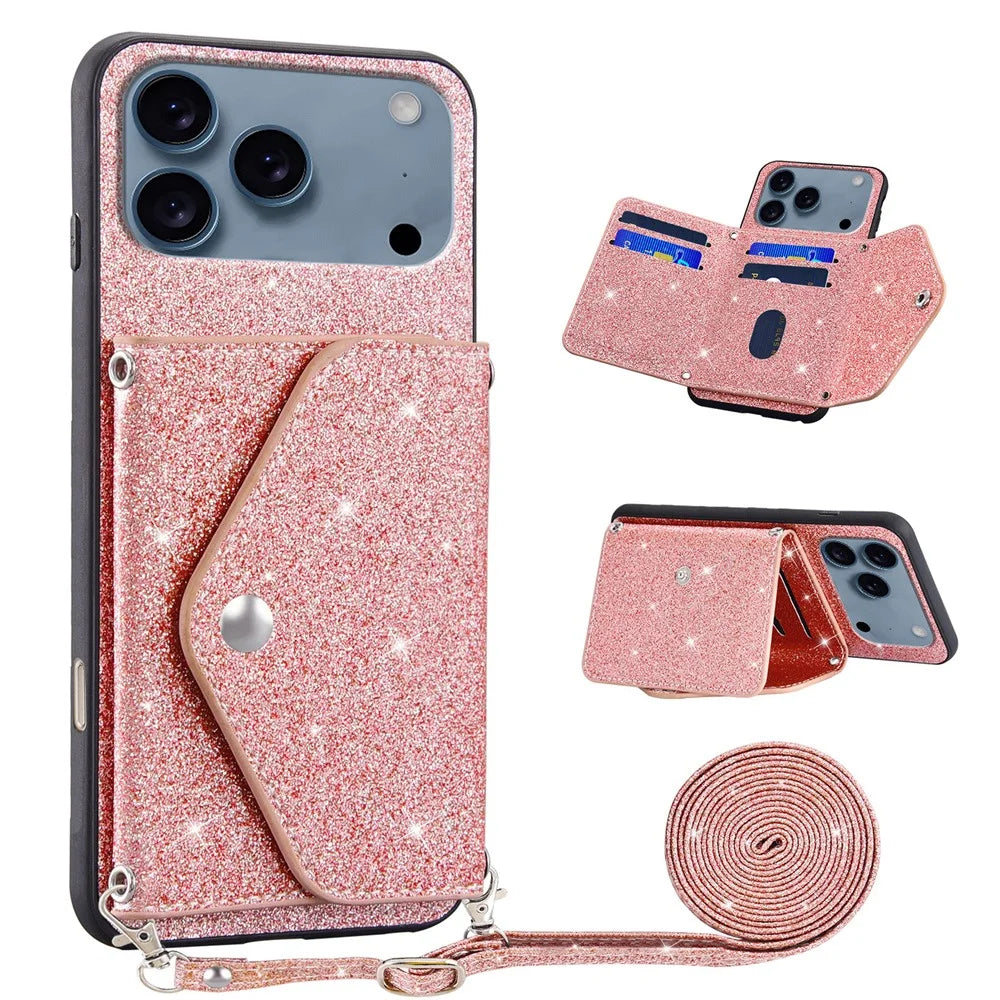 For iPhone 17 Pro Max Case Card Holder Kickstand PU Leather + TPU Glitter Phone Cover with Shoulder Strap - Pink - 1