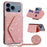 For iPhone 17 Pro Max Case Card Holder Kickstand PU Leather + TPU Glitter Phone Cover with Shoulder Strap - Pink - 1