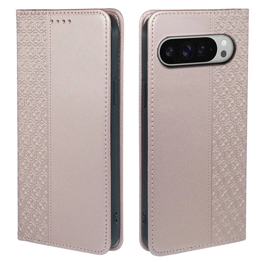 For Google Pixel 10 / 10 Pro Case Four Leaf Clover Leather Flip Phone Cover Stand Wallet - Rose Gold - 1