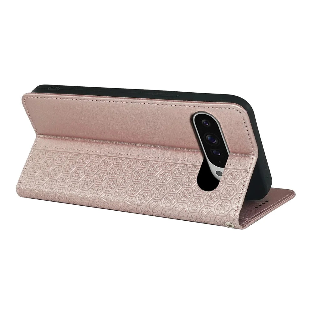 For Google Pixel 10 / 10 Pro Case Four Leaf Clover Leather Flip Phone Cover Stand Wallet - Rose Gold - 4