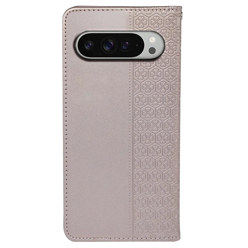 For Google Pixel 10 / 10 Pro Case Four Leaf Clover Leather Flip Phone Cover Stand Wallet - Rose Gold - 6