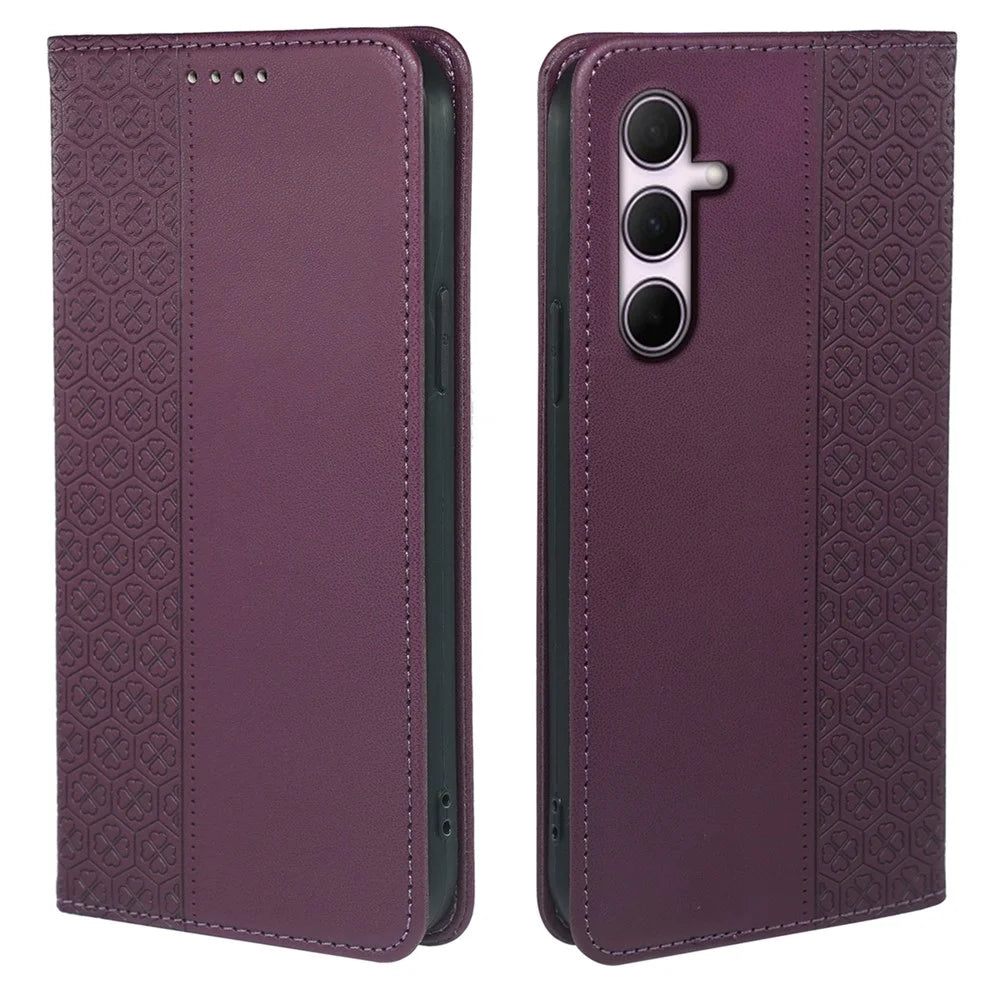 For Samsung Galaxy A18 5G / A18 4G / A17 5G / A17 4G Case Four Leaf Clover Leather Flip Phone Cover Stand Wallet - Dark Purple - 1