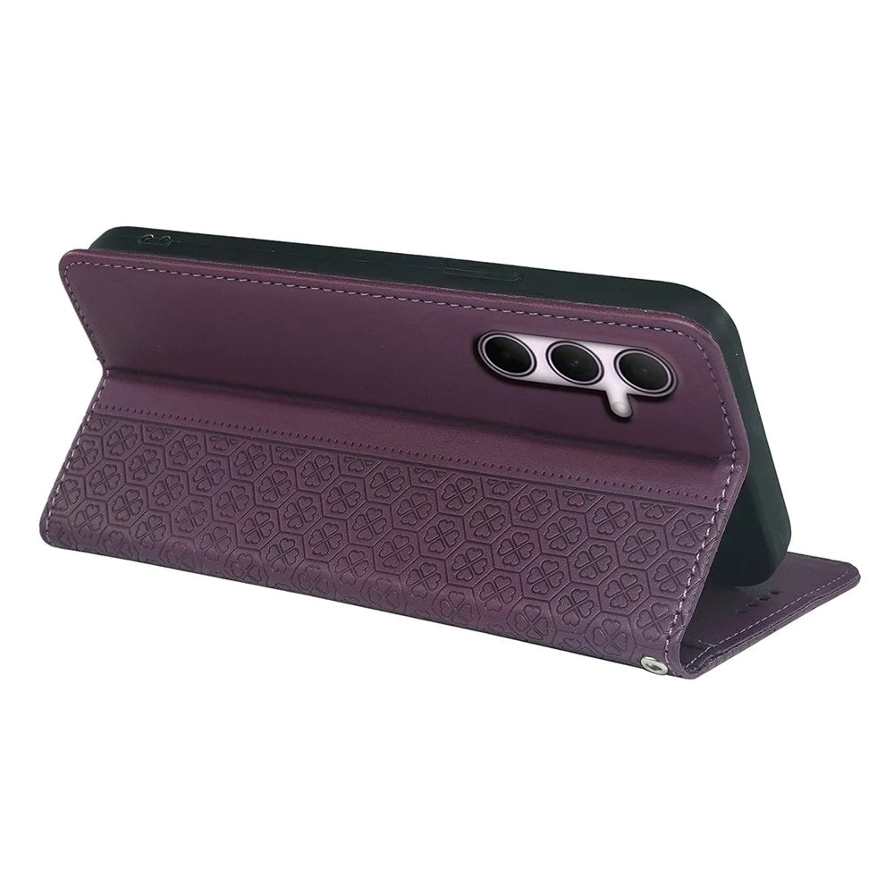 For Samsung Galaxy A18 5G / A18 4G / A17 5G / A17 4G Case Four Leaf Clover Leather Flip Phone Cover Stand Wallet - Dark Purple - 4