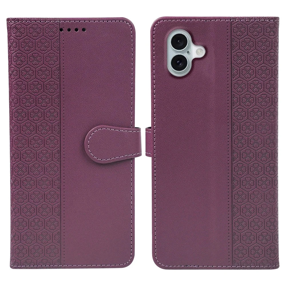For iPhone 17 Case Magnetic Clasp Four Leaf Clover Leather Phone Cover - Dark Purple - 1