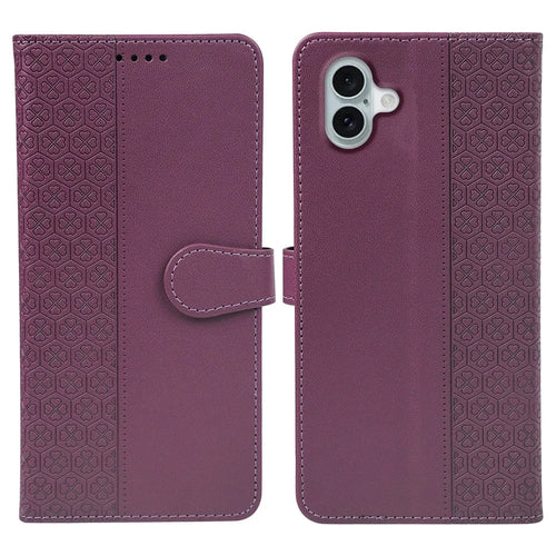 For iPhone 17 Case Magnetic Clasp Four Leaf Clover Leather Phone Cover - Dark Purple - 1