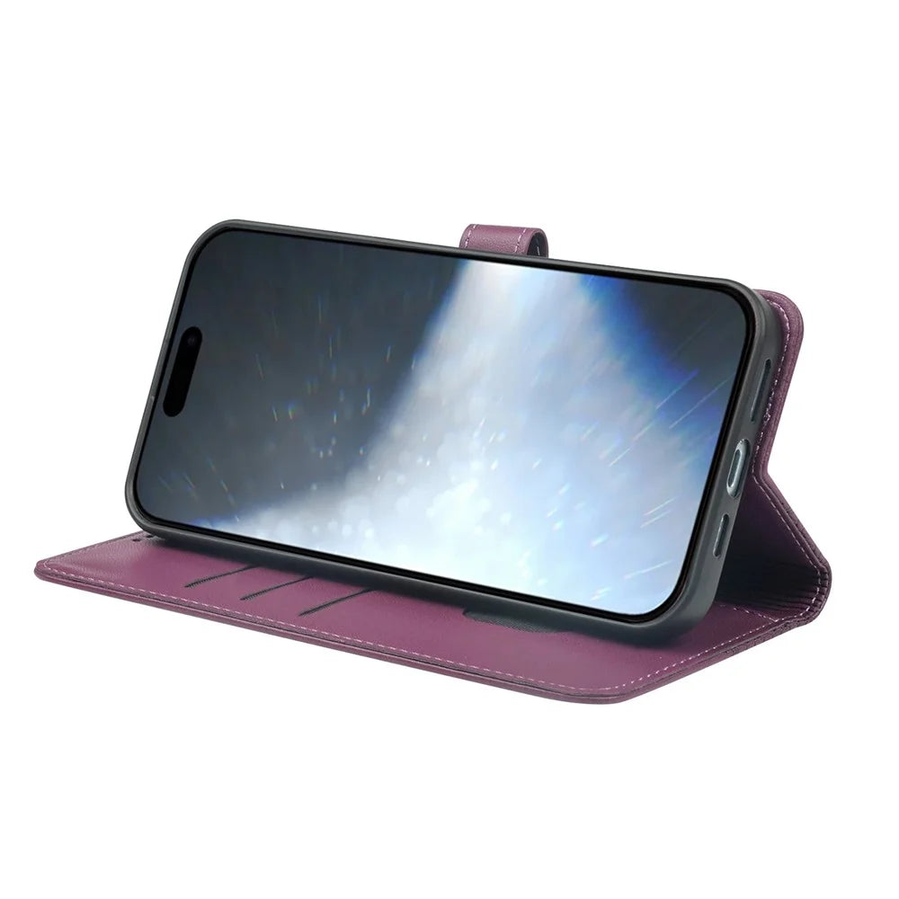 For iPhone 17 Case Magnetic Clasp Four Leaf Clover Leather Phone Cover - Dark Purple - 3