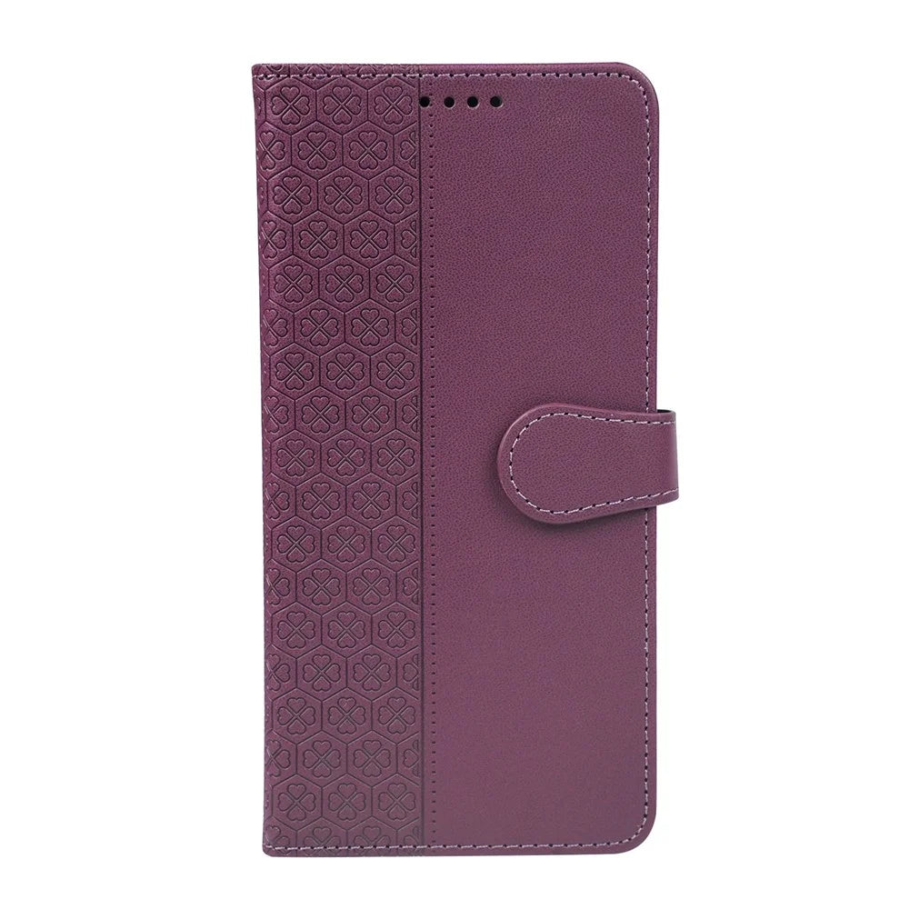 For iPhone 17 Case Magnetic Clasp Four Leaf Clover Leather Phone Cover - Dark Purple - 5