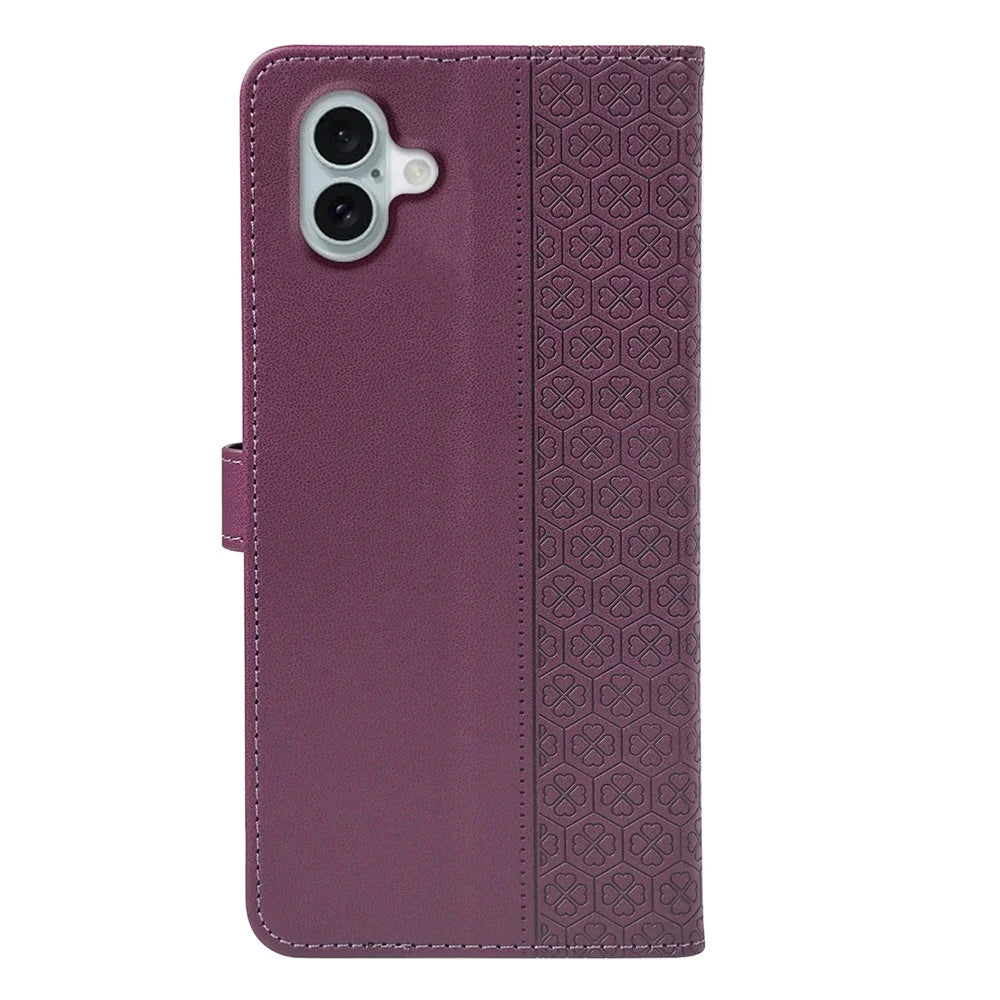 For iPhone 17 Case Magnetic Clasp Four Leaf Clover Leather Phone Cover - Dark Purple - 6