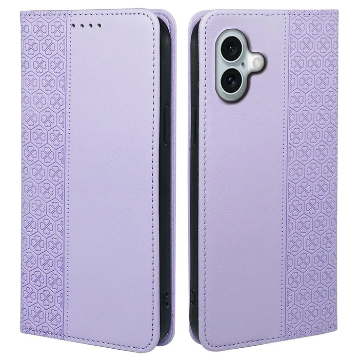 For iPhone 17 Case Four Leaf Clover Leather Flip Phone Cover Stand Wallet - Light Purple - 1