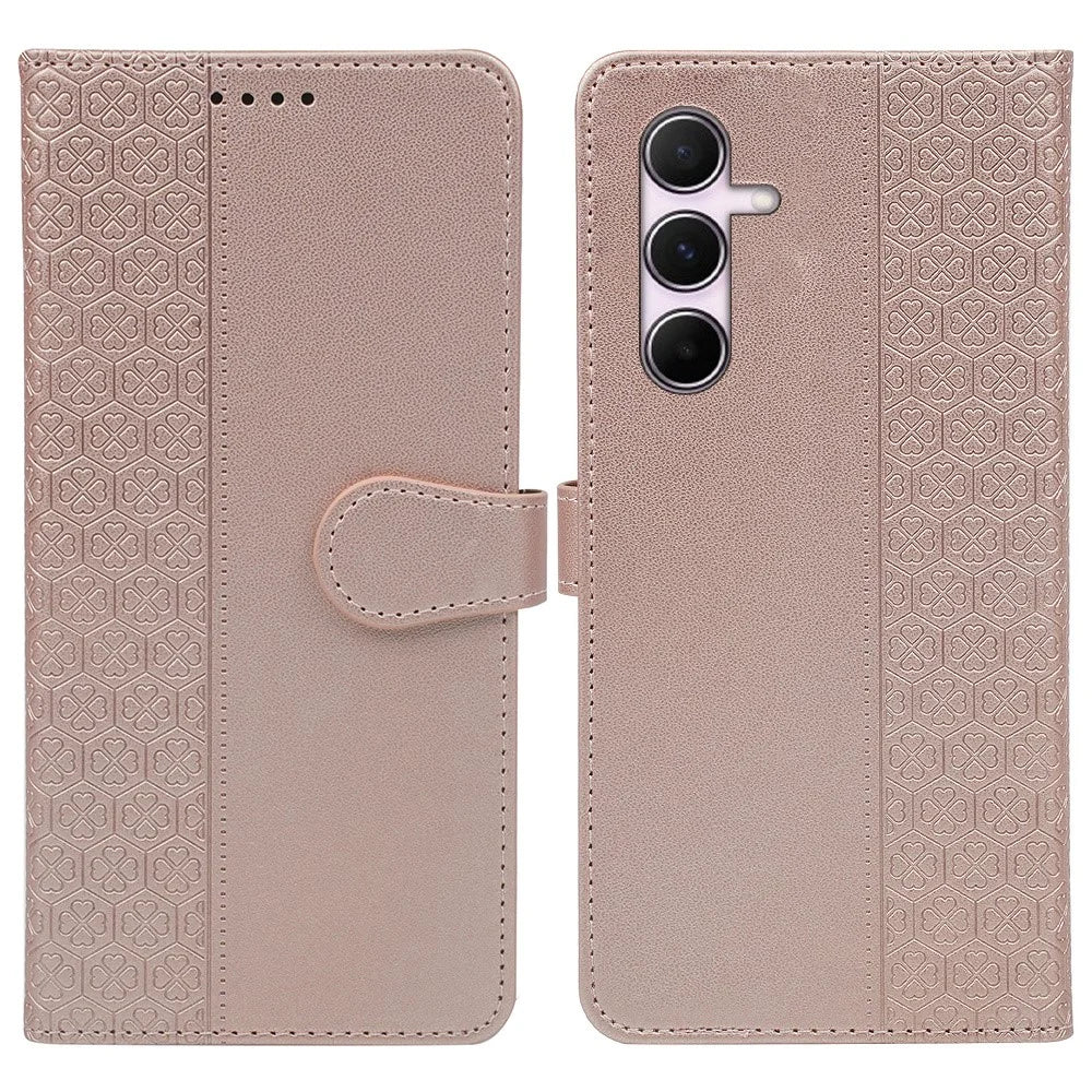 For Samsung Galaxy A16 5G / 4G Case Magnetic Clasp Four Leaf Clover Leather Phone Cover - Rose Gold - 1