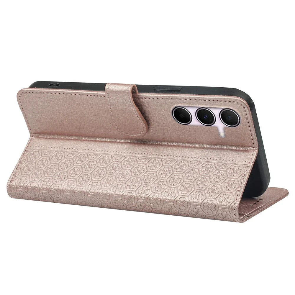 For Samsung Galaxy A16 5G / 4G Case Magnetic Clasp Four Leaf Clover Leather Phone Cover - Rose Gold - 4