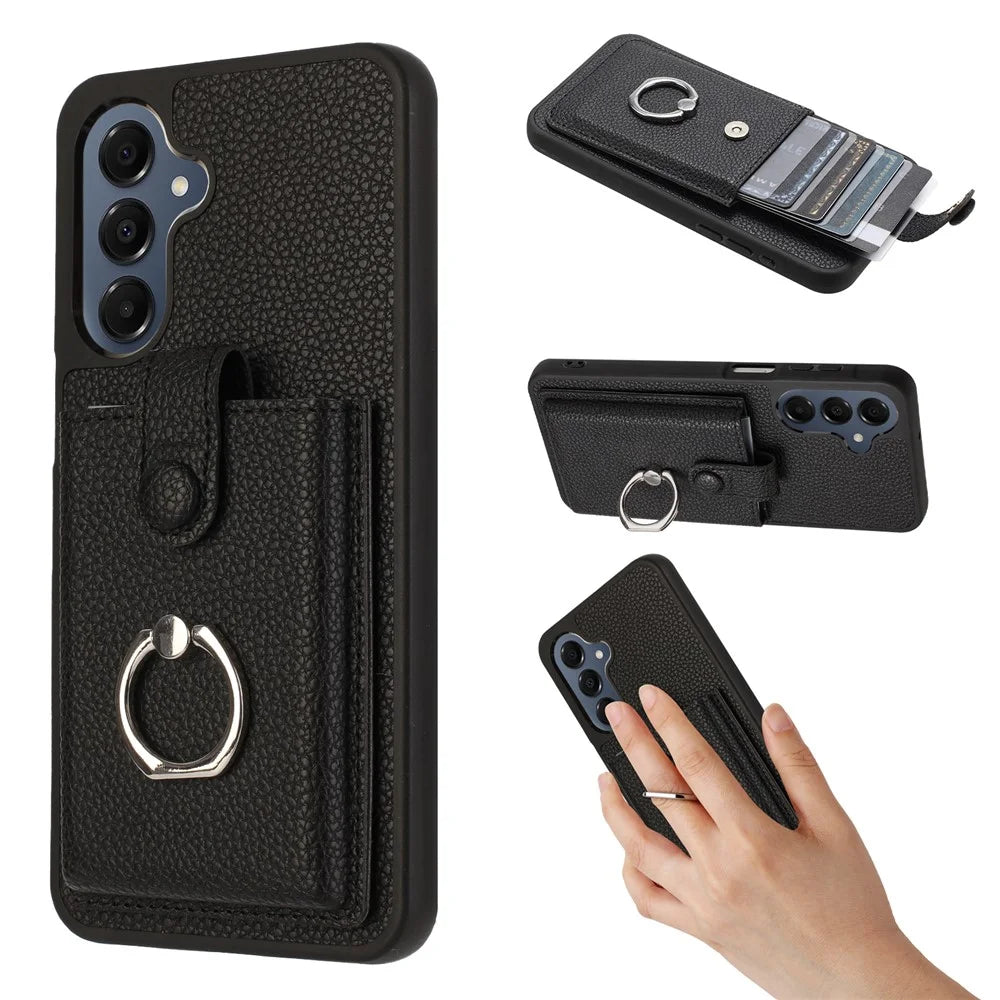 For Samsung Galaxy S25 FE Case with Ring Kickstand Drawing Type Card Slots Leather Back Cover - Black - 1