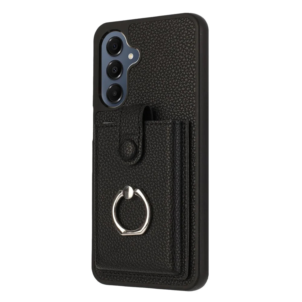 For Samsung Galaxy S25 FE Case with Ring Kickstand Drawing Type Card Slots Leather Back Cover - Black - 2
