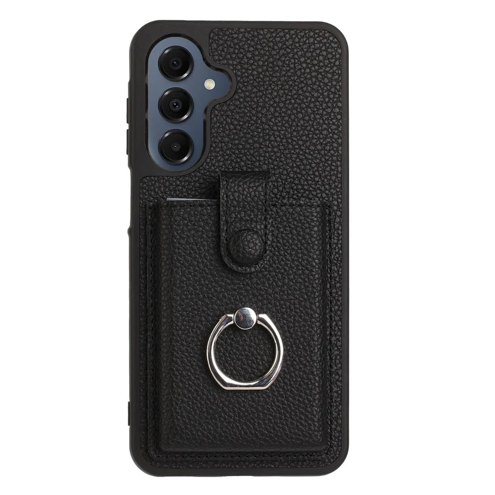 For Samsung Galaxy S25 FE Case with Ring Kickstand Drawing Type Card Slots Leather Back Cover - Black - 3