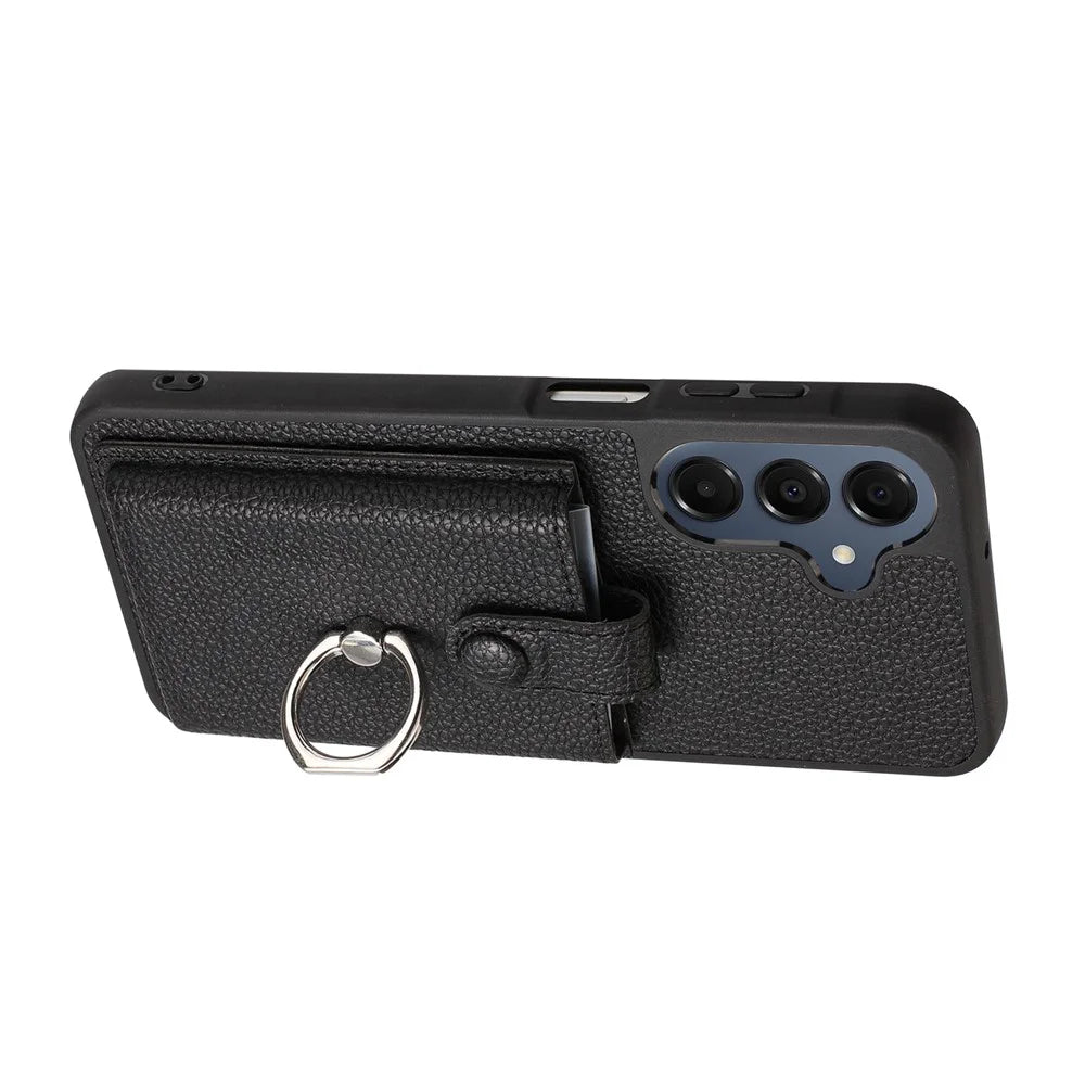 For Samsung Galaxy S25 FE Case with Ring Kickstand Drawing Type Card Slots Leather Back Cover - Black - 4