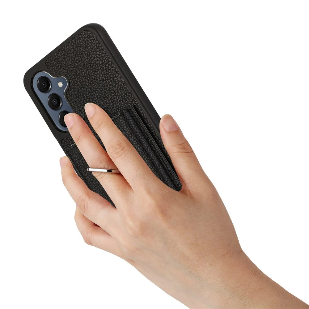 For Samsung Galaxy S25 FE Case with Ring Kickstand Drawing Type Card Slots Leather Back Cover - Black - 5