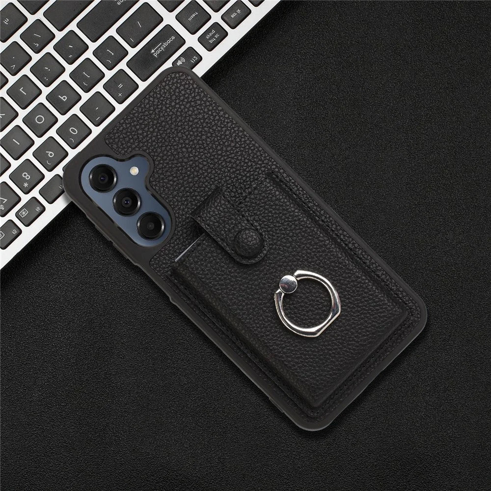 For Samsung Galaxy S25 FE Case with Ring Kickstand Drawing Type Card Slots Leather Back Cover - Black - 6