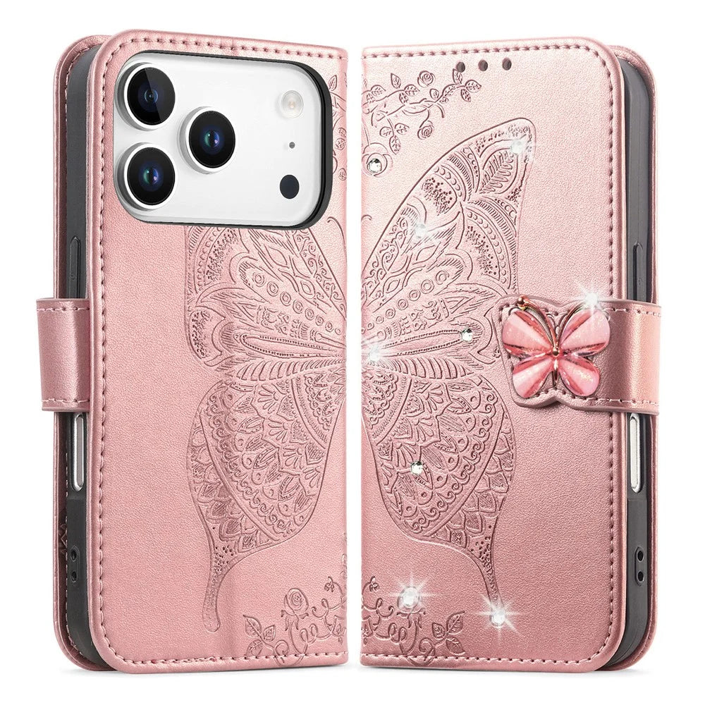 For iPhone 18 Pro / 17 Pro Case 3D Rhinestone Decor Butterfly Flower Leather Phone Cover with Wrist Strap - Rose Gold - 1