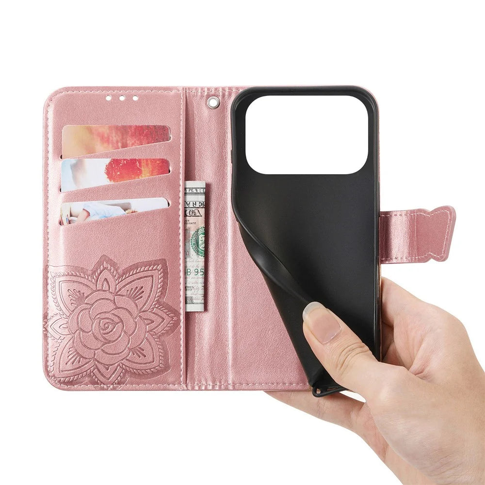 For iPhone 18 Pro / 17 Pro Case 3D Rhinestone Decor Butterfly Flower Leather Phone Cover with Wrist Strap - Rose Gold - 4